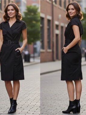 Karen Millen Utility Belted Short Sleeve Black Knee Length Dress Size 8